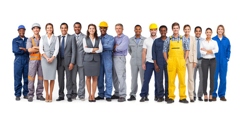 Team of diverse people, professional workers and office employees in row isolated on white background, business company staff corporate group photo, labor day