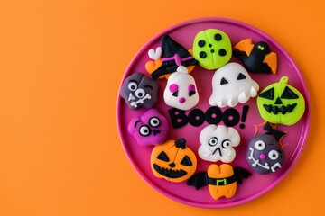 Cute Halloween play dough characters with Boo lettering on orange background