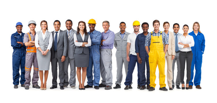 Team of  diverse people, professional workers and office employees in row isolated on white background, business company staff corporate group photo, labor day