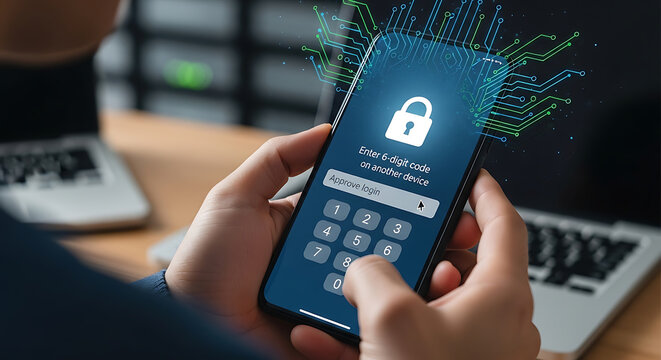 Hands holding smartphone displaying a security lock and access code on transparent background