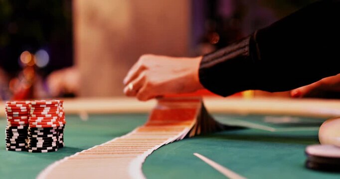 Casino dealer skillfully spreading and showing off a deck of cards