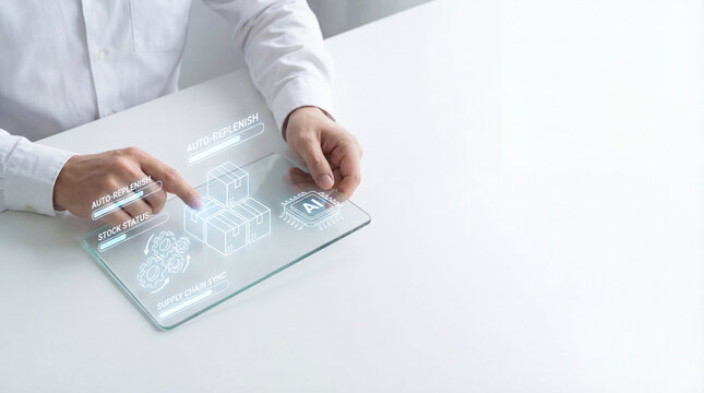Person interacts with transparent digital tablet displaying futuristic inventory management features like auto replenish and supply chain sync, symbolizing advanced technology in logistics