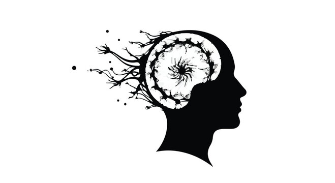 Profile of a human head features a swirling abstract spiral pattern emerging from the brain area as a symbol of cognition.