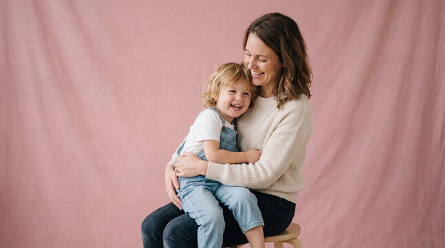 Mother lovingly embraces her smiling child against soft pink background, creating warm and joyful atmosphere. child is wearing denim overalls, and mother is dressed cozy sweater, both seated stool