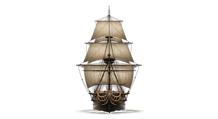 Naklejka premium Detailed rendering of a three masted sailing ship viewed head on on transparent background