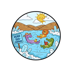 Fototapeta premium A colorful cute cartoon illustration of a Horse, a lion, and a crocodile swimming in the sea. Dead sea in Jordan