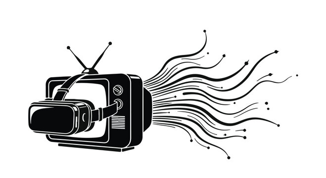 Television set from the past is connected to a modern virtual reality headset which emits a stream of flowing digital data lines.