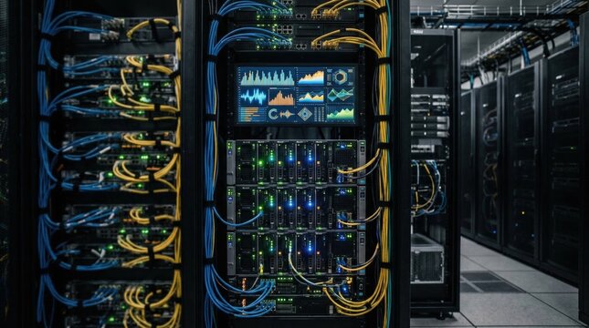Focused view of a dense server rack array highlighting arbitrage algorithm performance visuals while adjacent servers and cables remain softly blurred.