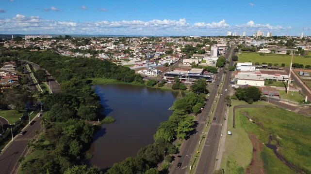 Aerial Drone View of Ourinhos City with Lake and Urban Landscape in 4K