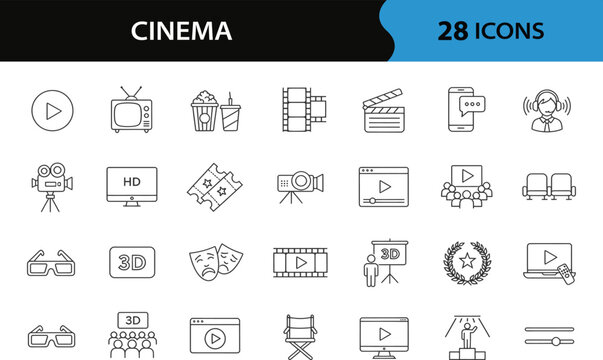 Cinema set of web icons in line style. Movie and Film linear icon collection. Including movie theater, 3d, vr, popcorn, ticket and more. Linear cinema icon collection set. Editable stroke