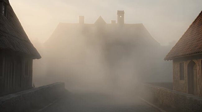 Fog blankets a stone path leading to an old, multi-roofed building, flanked by homes