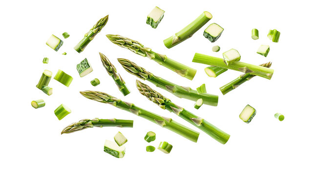 Fresh asparagus spears and chunks scattered on a black background isolated on transparent background