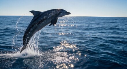 Naklejka premium Dolphin leaping from ocean waves under clear blue sky in dynamic marine wildlife action perfect for National Dolphin Day