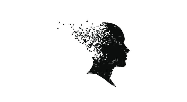 Profile of a human head disintegrating into small particles represents the complex nature of cognitive decline and the fragility of memory.