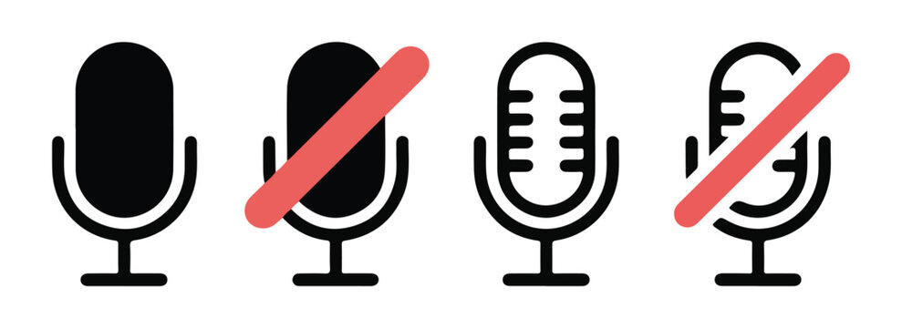 Mute and unmute microphone icon set, collection of audio recording signs isolated on white background