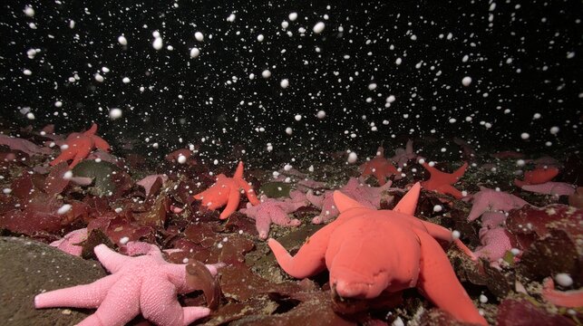 A constellation of dying starfish transforming into glowing marine snow particles in the deep ocean.