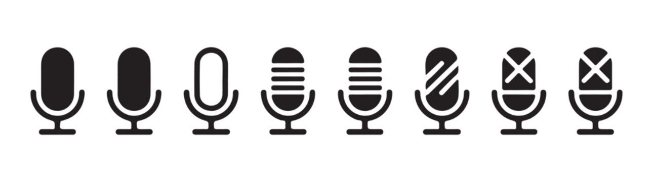 Set of simple microphone icons representing different audio statuses, broadcast, mute, and active states