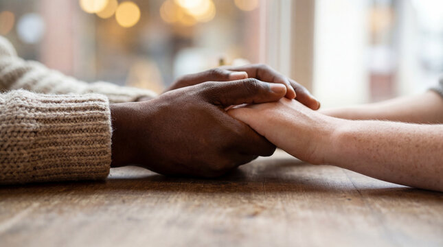 Diverse hands clasped together on wooden table conveying authentic friendship and support