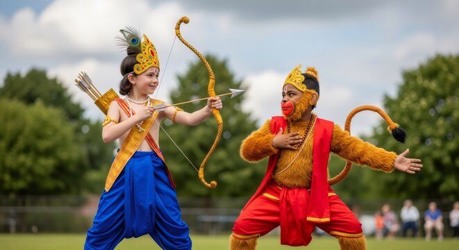 Kids dressed as Lord Rama and Hanuman reenacting a scene from Ramayana for Dussehra celebration. Hindu mythology play for children.