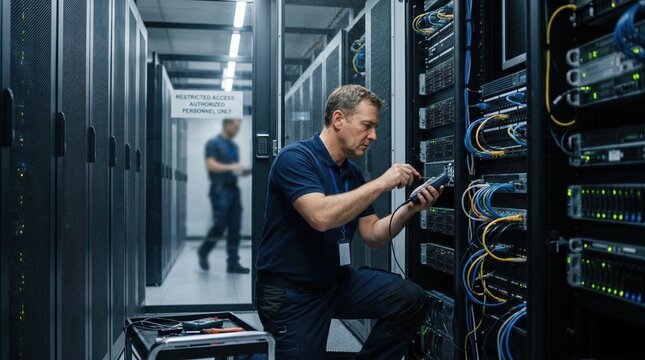 Detailed view of brokerage data center maintenance showing focused technician adjusting server racks with secure access controls blurred equipment in background.