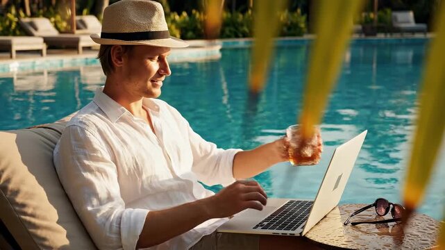A young man wearing a straw hat and white linen shirt enjoys the flexibility of working remotely, comfortably seated by a swimming pool with his laptop, embracing a serene work and travel