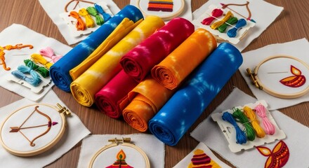 Fototapeta premium Rolled colorful fabrics and Dussehra embroidery for creative craft. Indian festival themed textile art and DIY decor. Vijaya Dashami celebration concept.