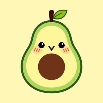 Adorable half avocado fruit character with cute face and seed in minimalist flat vector style for healthy eating and vegan food blog graphics