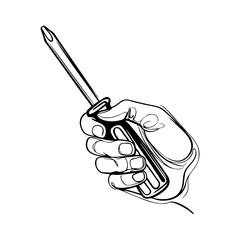 Logo men at work. Dibujo sencillo con línea continua de una mano sujetando un destornillador  © teracreonte