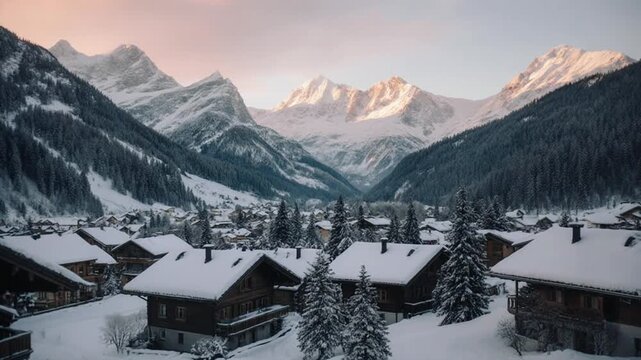 Snowy mountain village in valley with wooden houses