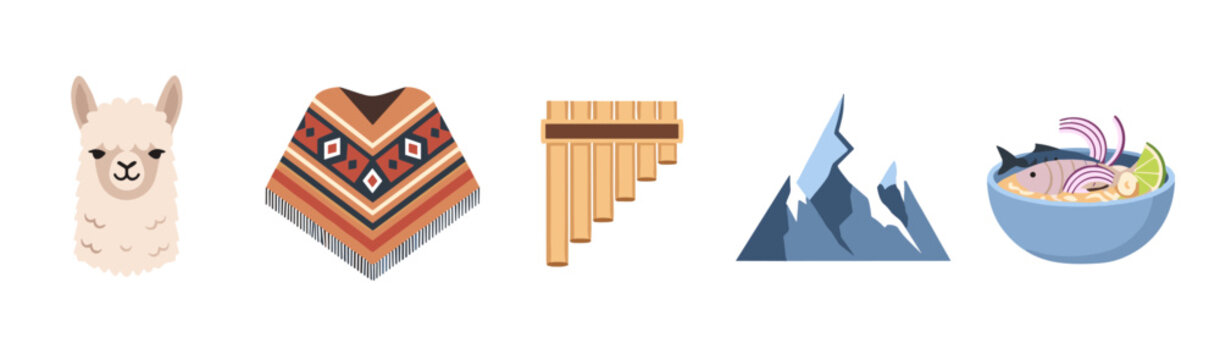 Llama, poncho, pan flute, mountains, ceviche, collection, showcases the rich and diverse cultural heritage and traditions of the Andean region.