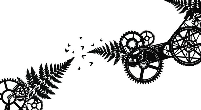 Fern leaves transition into mechanical gears and cogs to demonstrate the intersection of nature and industry.