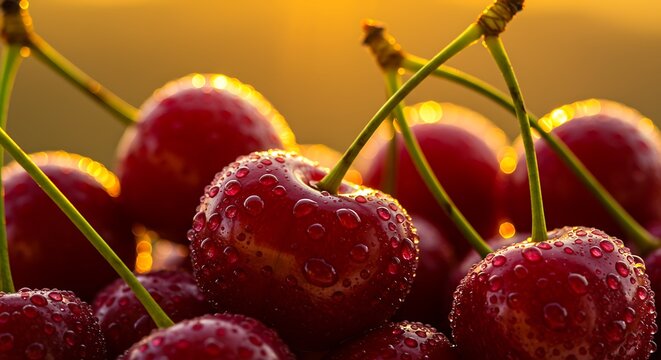Close up of ripe cherries with green stems illuminated by warm sunlight