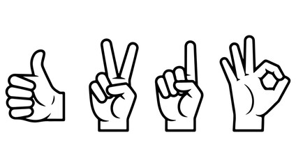 Obraz premium Four hand gestures thumbs up peace sign one finger and ok sign