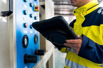 Worker holding tablet while inspecting blue industrial control panel