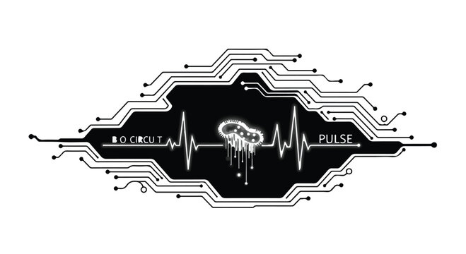 Circuit board pattern forms a heartbeat rhythm line in this digital medical technology graphic.