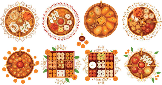 Indian Diwali sweets collection with mithai plates festive desserts decorative rangoli frames and traditional food vector illustration set