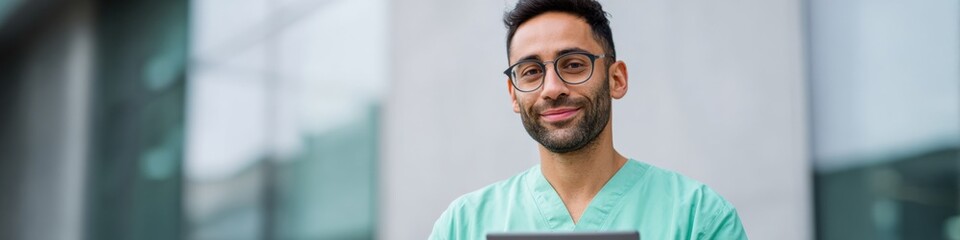 Obraz premium Male asian young adult nurse in green scrubs closeup portrait with glasses smiling outside hospital building approachable healthcare professional