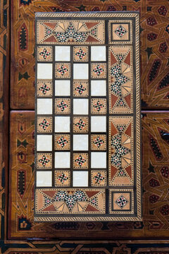 Fes, Morocco  raditional Moroccan wooden board game with geometric inlay pattern
