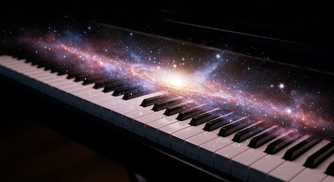Celestial piano cosmic keyboard with galaxy overlay and musical concepts