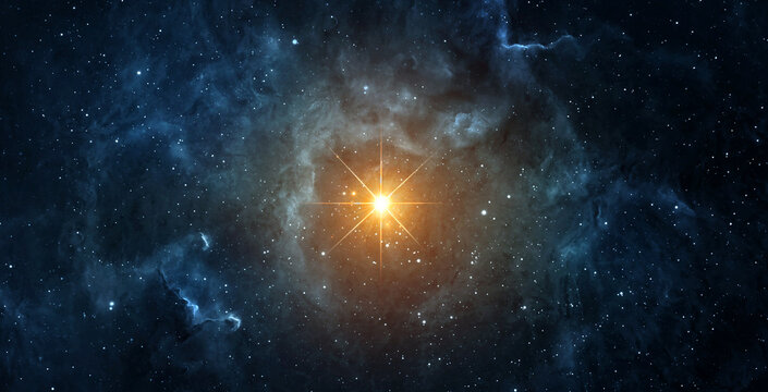 Intense glowing star emitting radiant light rays against a dark starry space background. Elements of this image furnished by NASA.