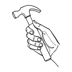 Logo men at work. Dibujo sencillo con líneas de una mano sujetando un martillo  © teracreonte