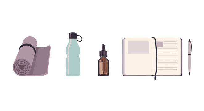 Wellness and self-care essentials flat lay illustration featuring a yoga mat, water bottle, dropper, open journal, and pen for a healthy lifestyle.