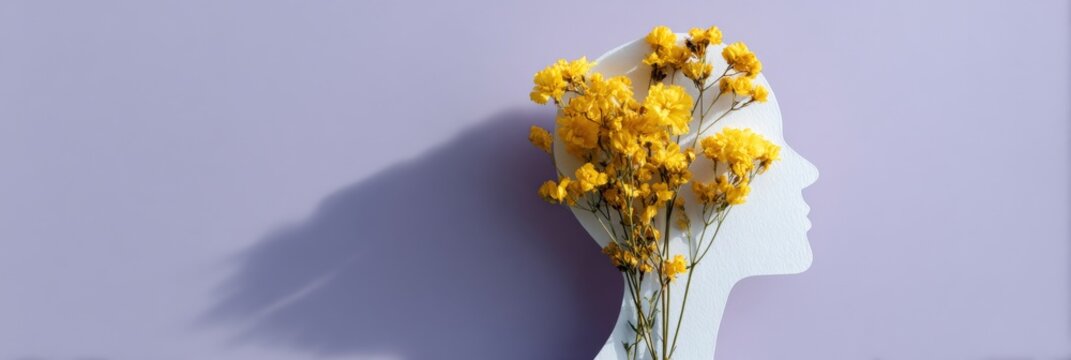 Side profile silhouette with yellow statice flowers on lilac background mental health growth symbolism minimalist layout