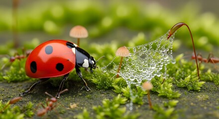 Fototapeta premium Ladybug on Moss with Mushrooms – Macro Nature Photography