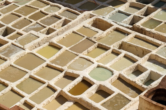 Fes, Morocco. Traditional leather dye vats at Chouara Tannery Fes Morocco