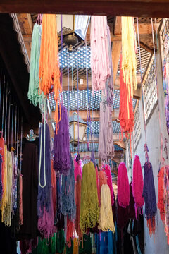 Fes, Morocco  Colorful skeins of yarn hang to dry after being hand dyed