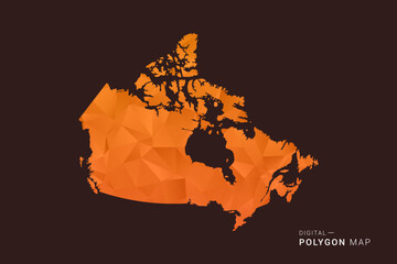 Naklejka premium Canada Map - low poly polygon vector, geometric triangulated silhouette in orange and dark brown tones, clean modern infographic style, isolated background.
