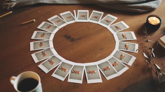A stop motion animator's workspace with arranged Polaroid photos