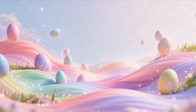 abstract 3d motion graphics of flowing pastel waves and glowing particles for elegant spring easter background concept
