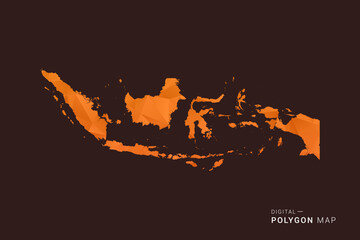 Fototapeta premium Indonesia Map - low poly polygon vector, geometric triangulated silhouette in orange and dark brown tones, clean modern infographic style, isolated background.